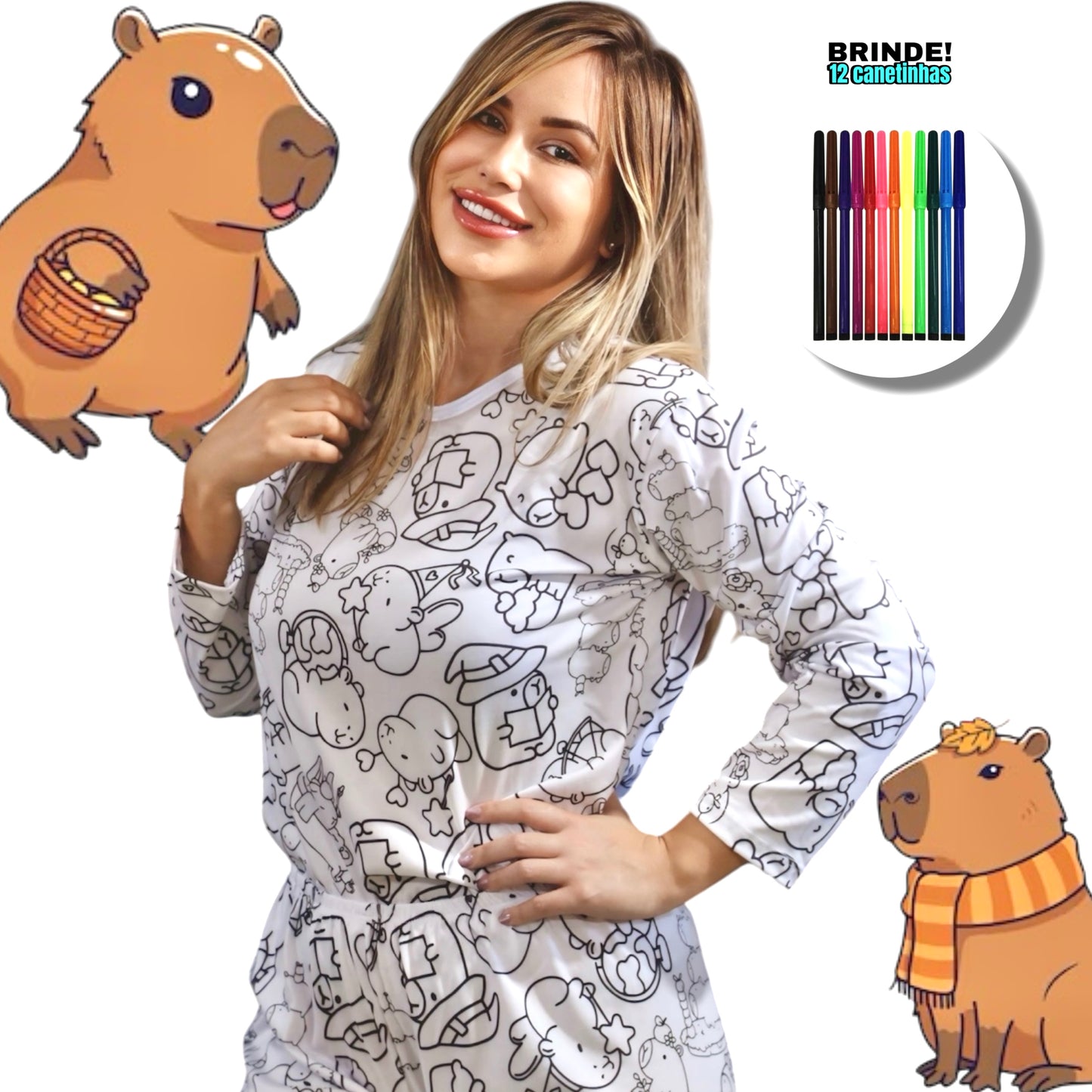 Pijama Adulto Manga Longa Capivara com Canetinhas Laváveis Unissex