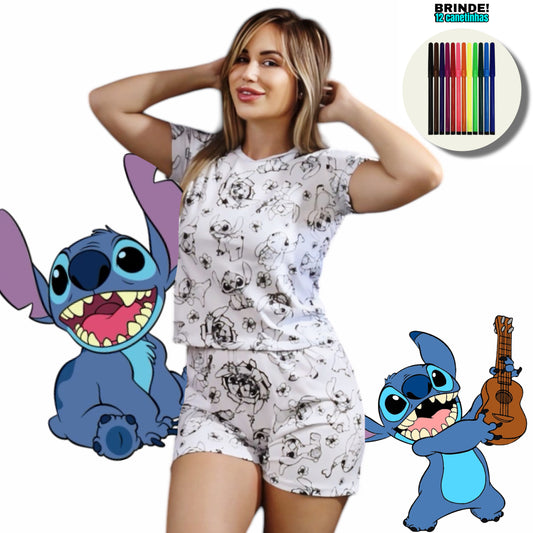 Pijama Adulto Manga Curta Stitch com Canetinhas Laváveis Unissex