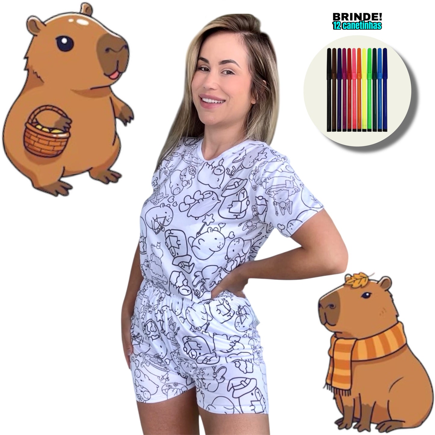 Pijama Adulto Manga Curta Capivara com Canetinhas Laváveis Unissex