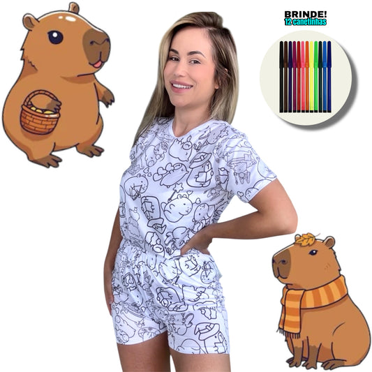 Pijama Adulto Manga Curta Capivara com Canetinhas Laváveis Unissex