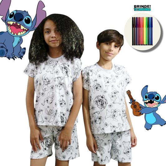 Pijama Infantil Manga Curta Stitch com Canetinhas Laváveis Unissex