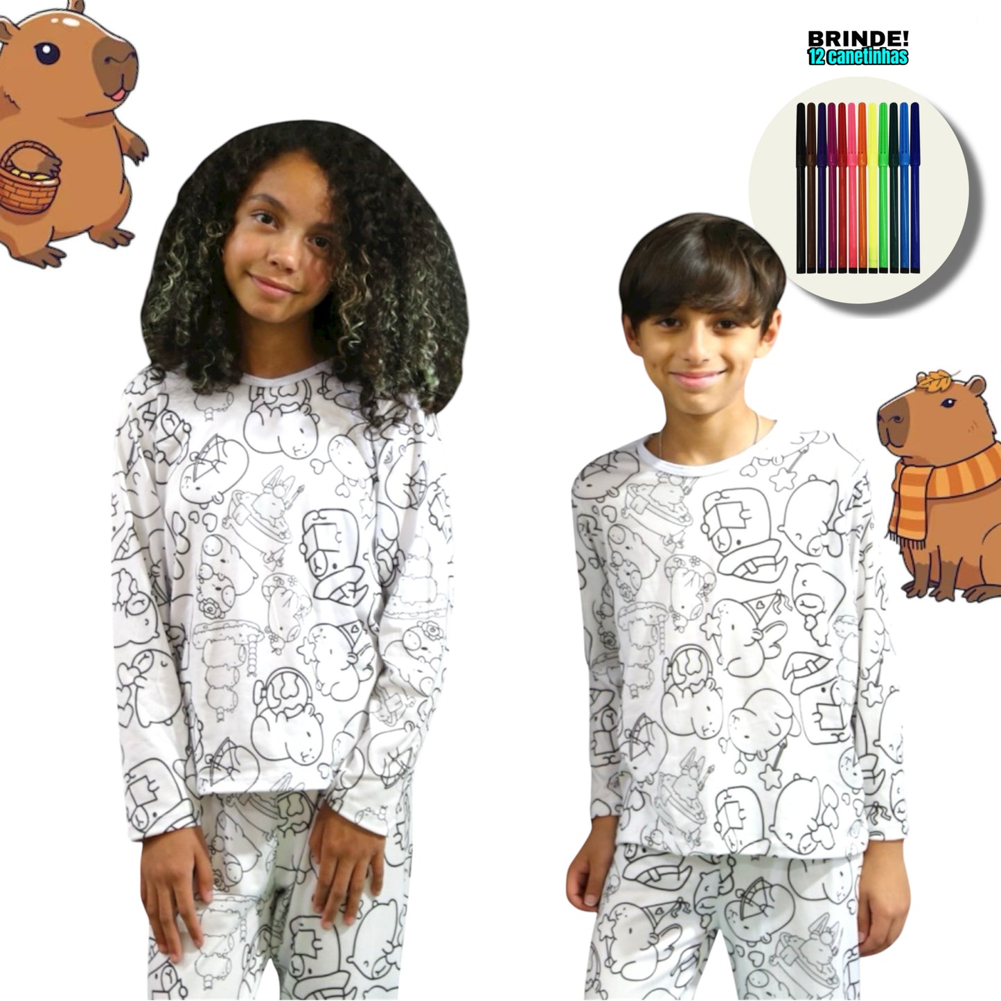 Pijama Infantil Manga Longa Capivara com Canetinhas Laváveis Unissex
