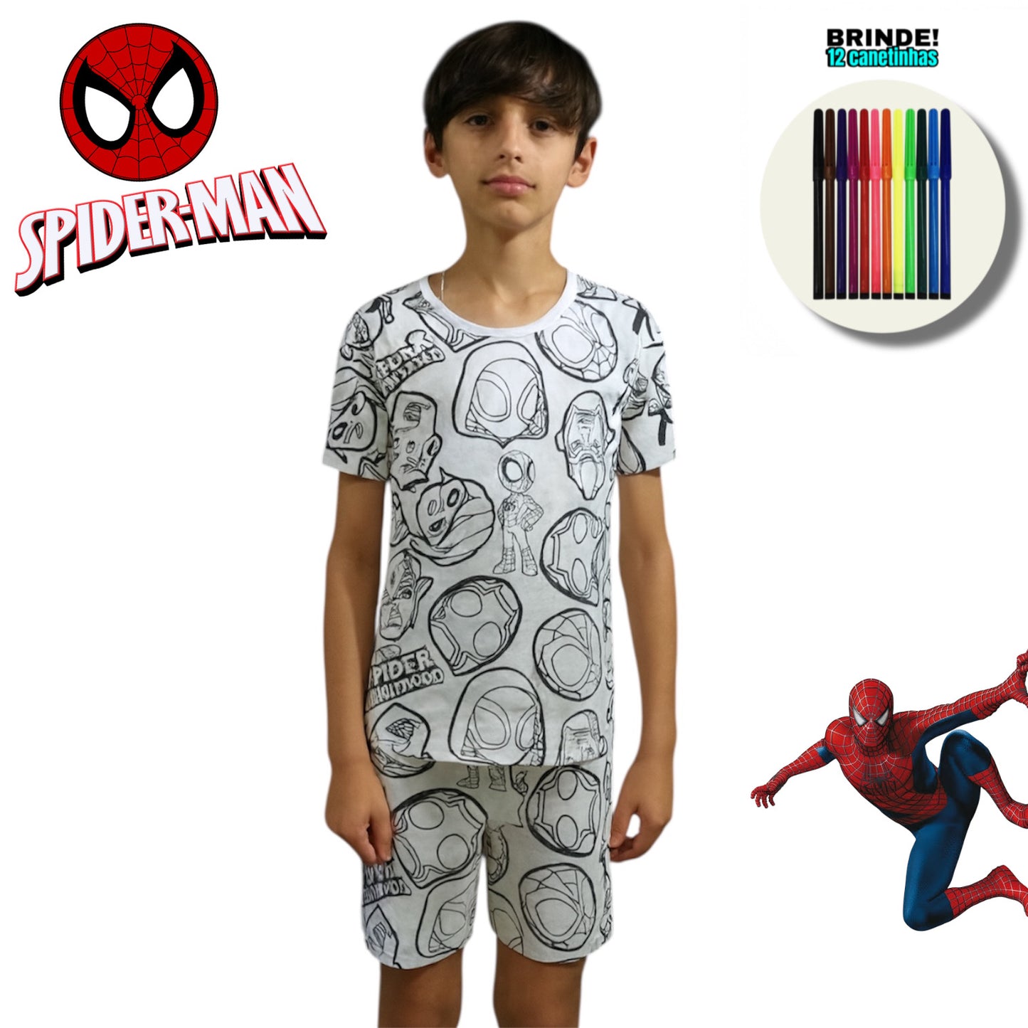 Pijama Infantil Manga Curta Spiderman com Canetinhas Laváveis Unissex