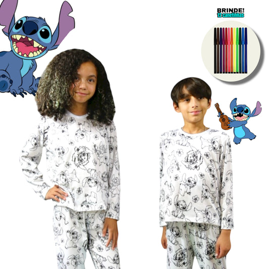 Pijama Infantil Manga Longa Stitch com Canetinhas Laváveis Unissex