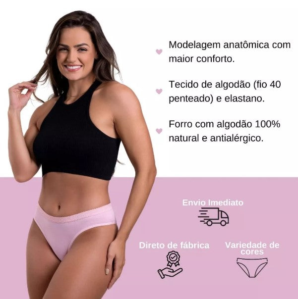 Kit 10 Tangas de Algodão Cós Largo Conforto com Elástico Borneu