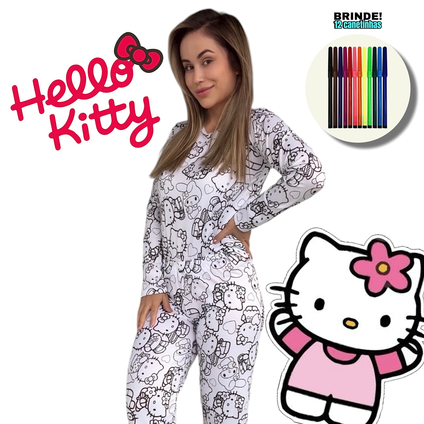 Pijama Adulto Manga Longa Hello Kitty com Canetinhas Laváveis Unissex