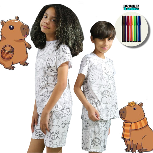 Pijama Infantil Manga Curta Capivara com Canetinhas Laváveis Unissex