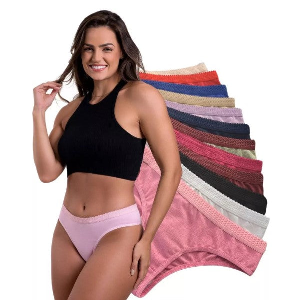 Kit 10 Tangas de Algodão Cós Largo Conforto com Elástico Borneu