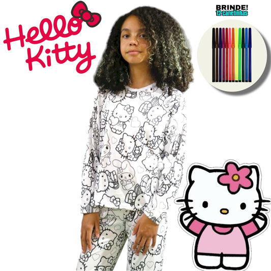 Pijama Infantil Manga Longa Hello Kitty com Canetinhas Laváveis Unissex