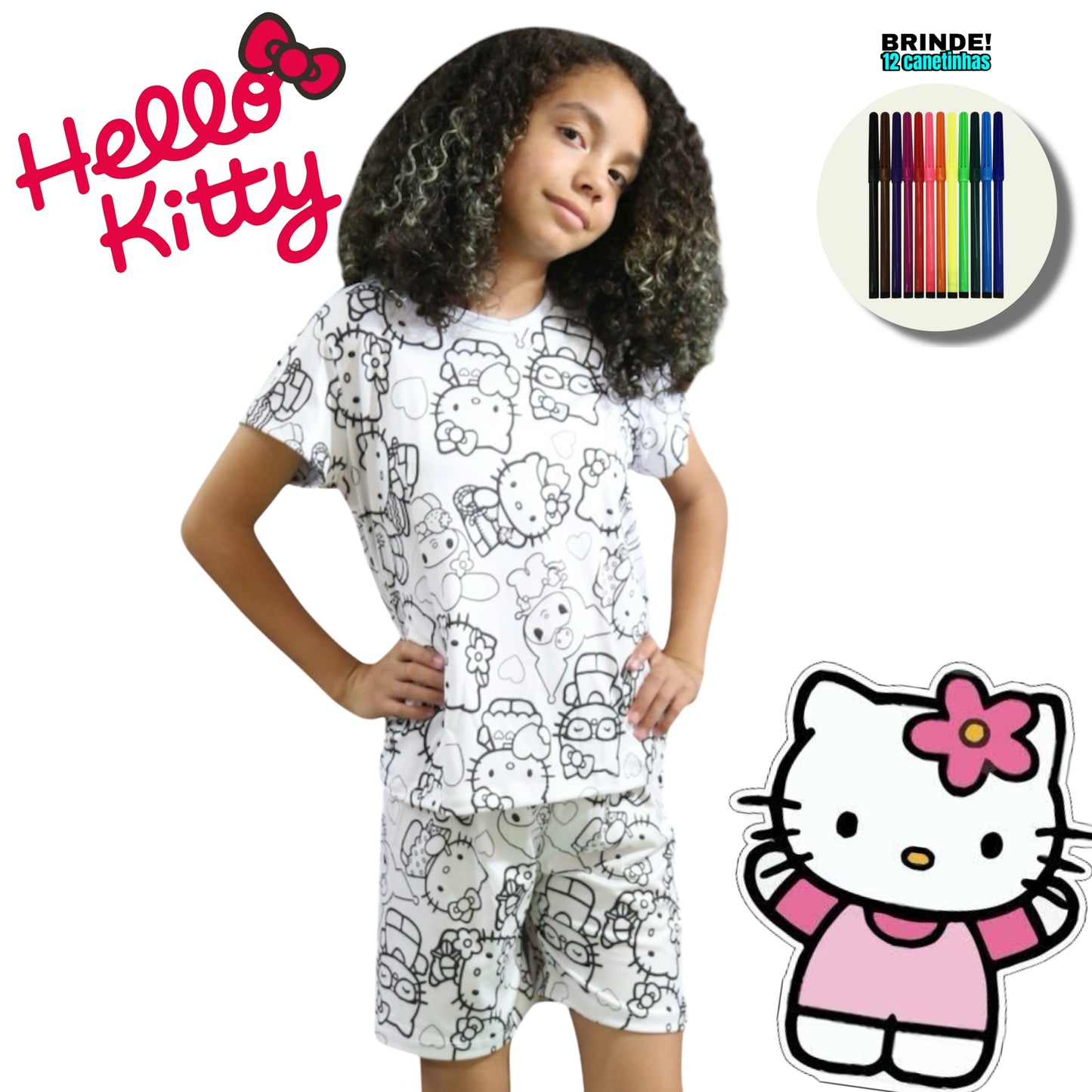 Pijama Infantil Manga Curta Hello Kitty com Canetinhas Laváveis Unissex