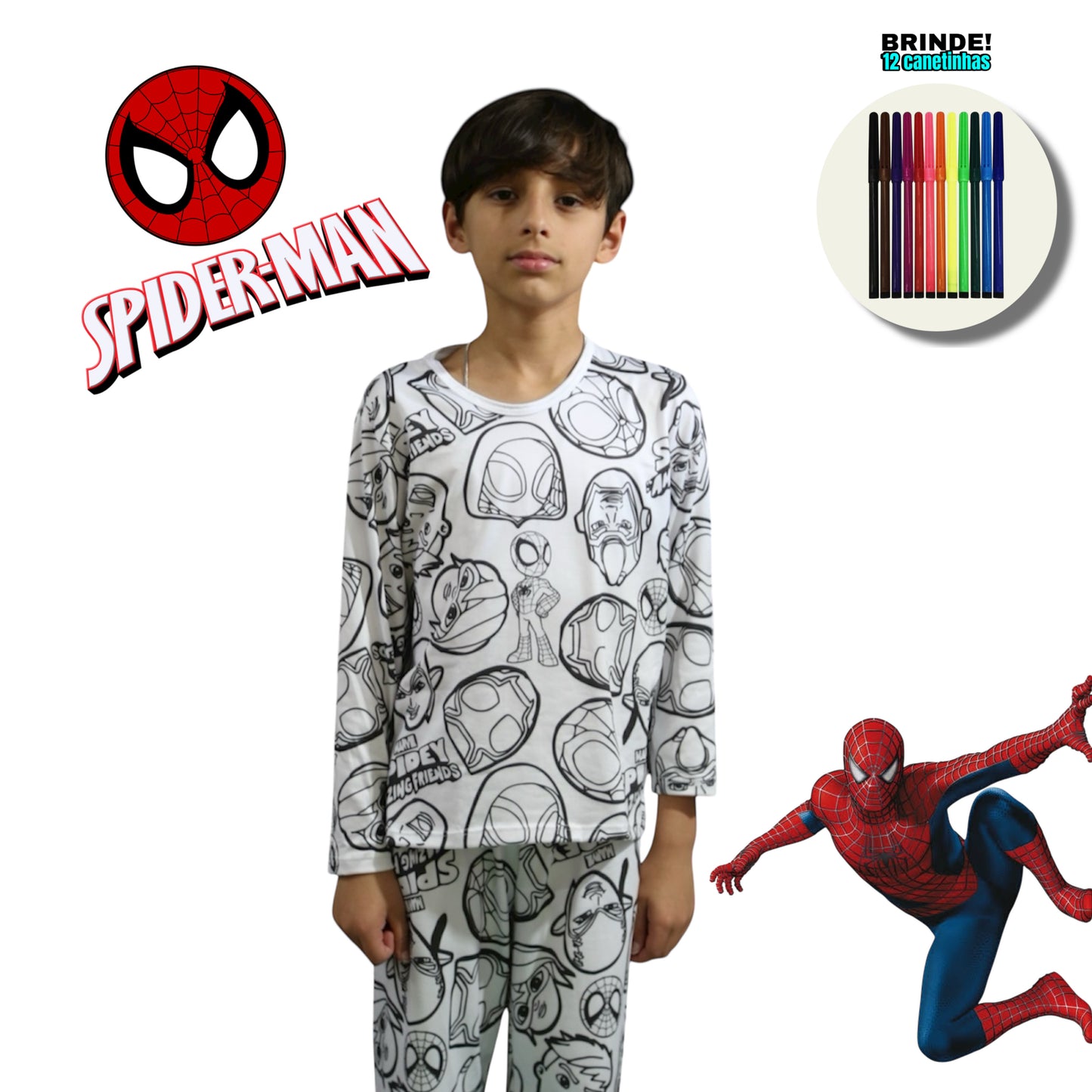 Pijama Infantil Manga Longa Spiderman com Canetinhas Laváveis Unissex