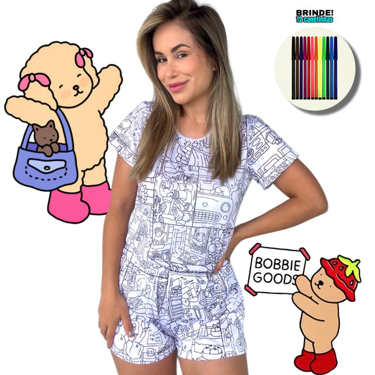 Pijama Adulto Manga Curta Bobbie Goods com Canetinhas Laváveis Unissex