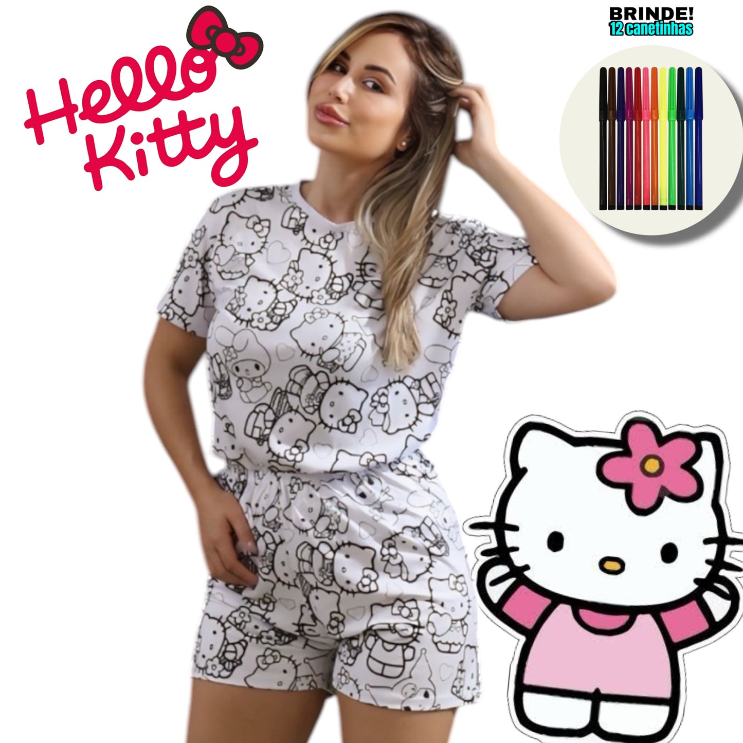 Pijama Adulto Manga Curta Hello Kitty com Canetinhas Laváveis Unissex