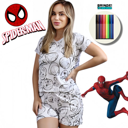 Pijama Adulto Manga Curta Spiderman com Canetinhas Laváveis Unissex