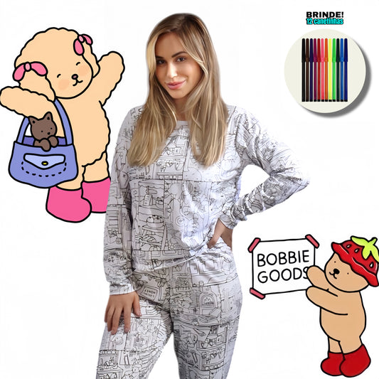 Pijama Adulto Manga Longa Bobbie Goods com Canetinhas Laváveis Unissex