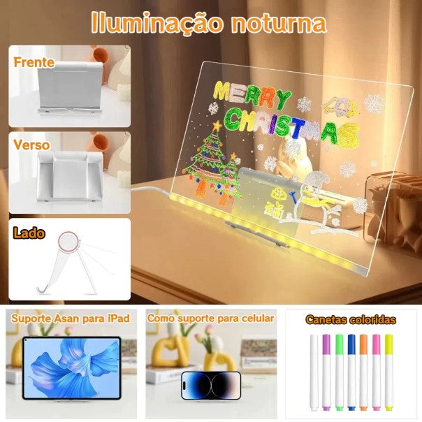Quadro De Led Acrílico Iluminado 30x20 Com Canetas Coloridas