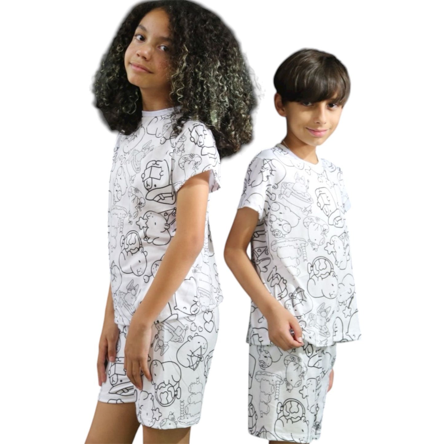 Pijama Infantil Manga Curta Capivara com Canetinhas Laváveis Unissex