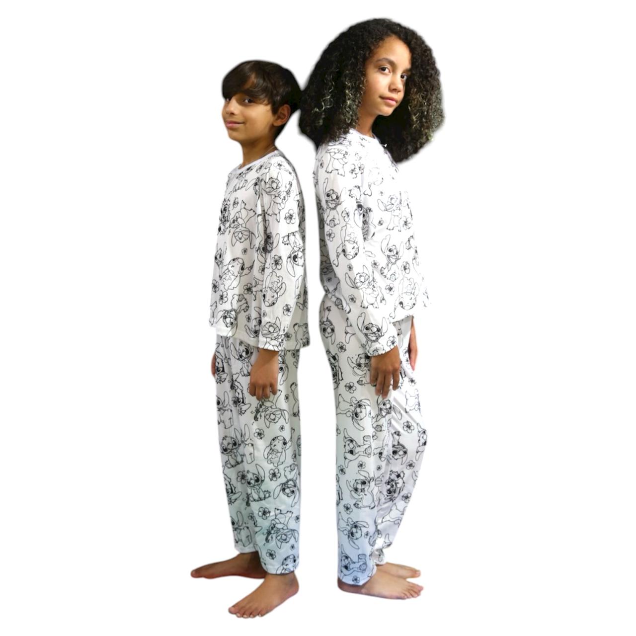 Pijama Infantil Manga Longa Stitch com Canetinhas Laváveis Unissex