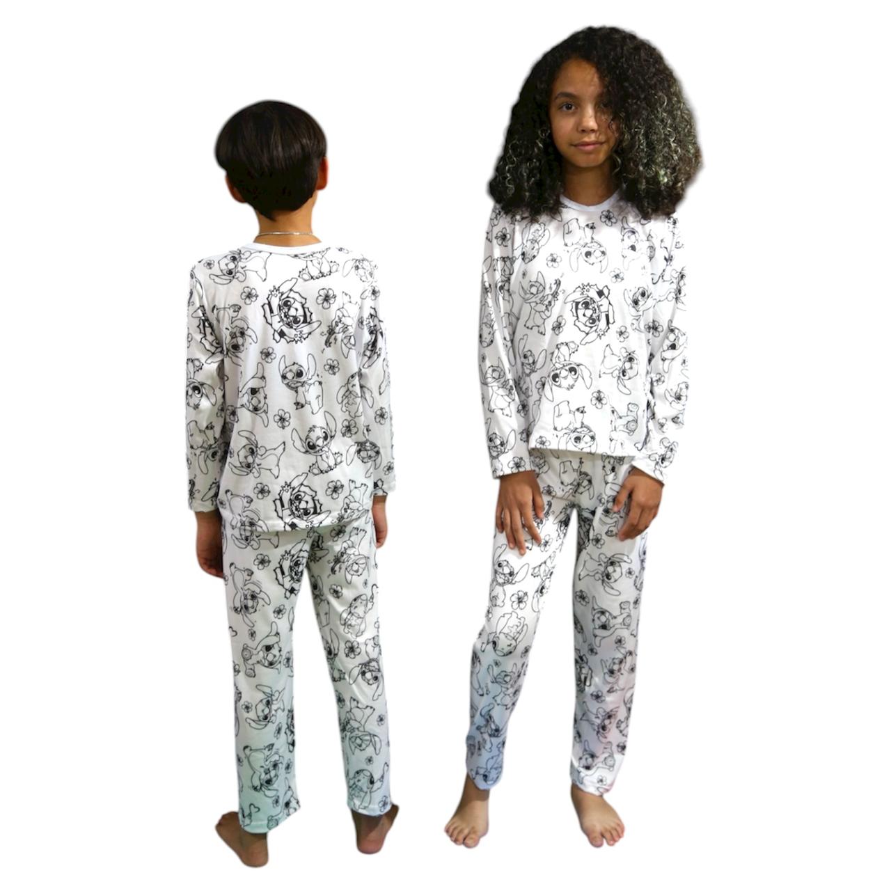Pijama Infantil Manga Longa Stitch com Canetinhas Laváveis Unissex